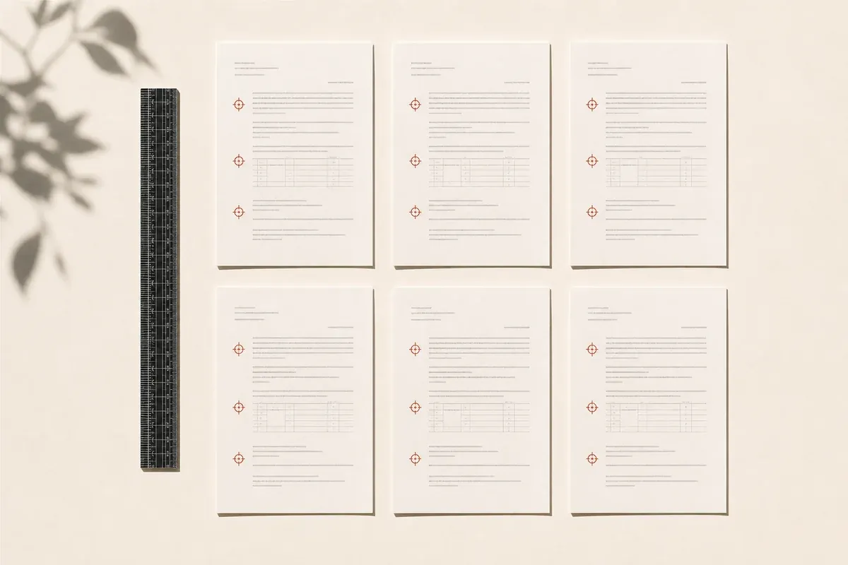 Six documents with the same field positions precisely marked.