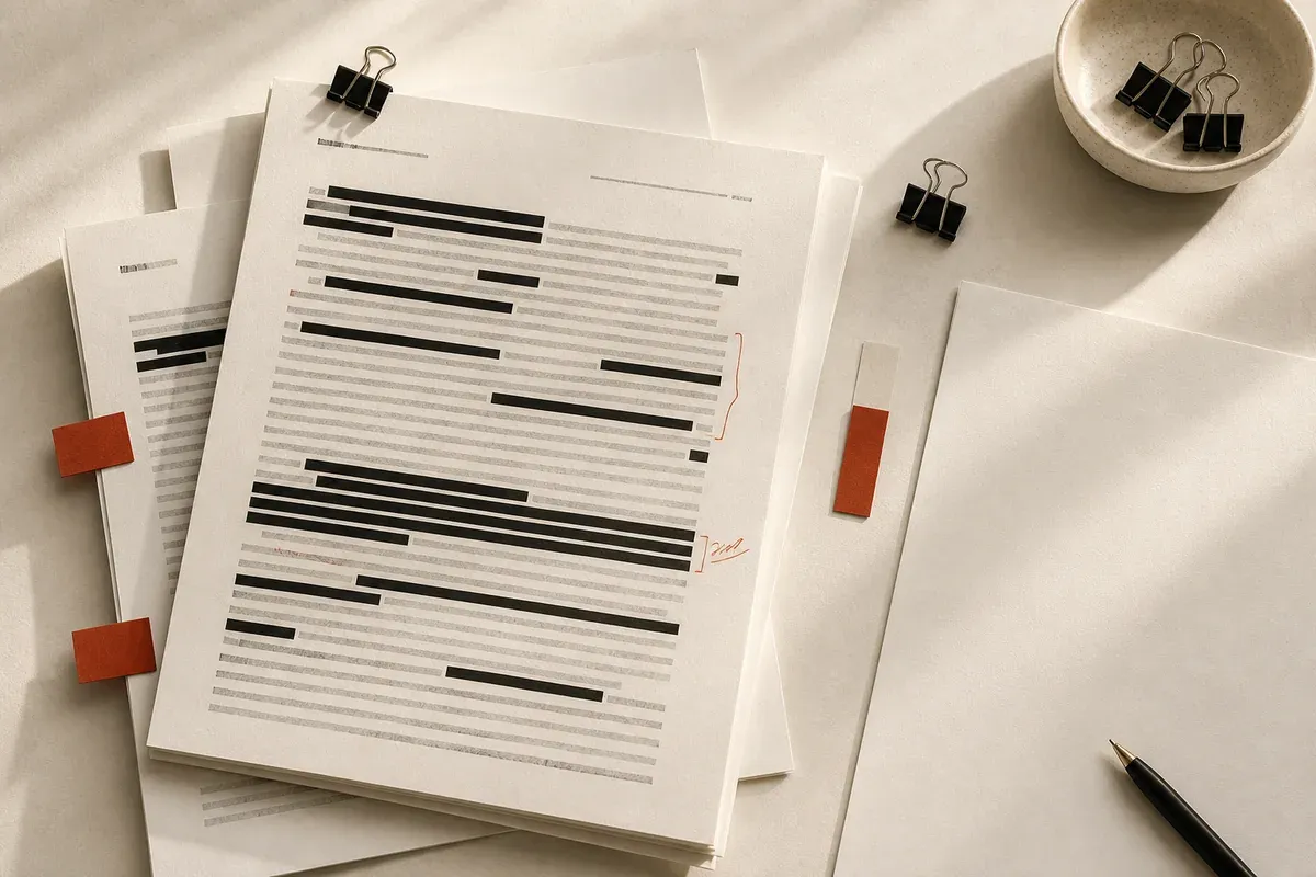 Anonymised precedent pages arranged beside a blank drafting sheet.